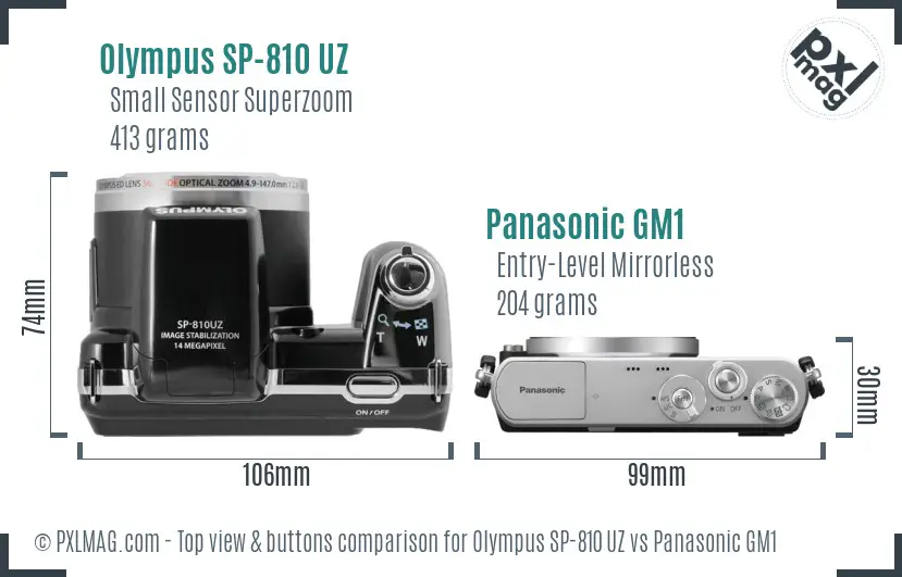 Olympus SP-810 UZ vs Panasonic GM1 top view buttons comparison