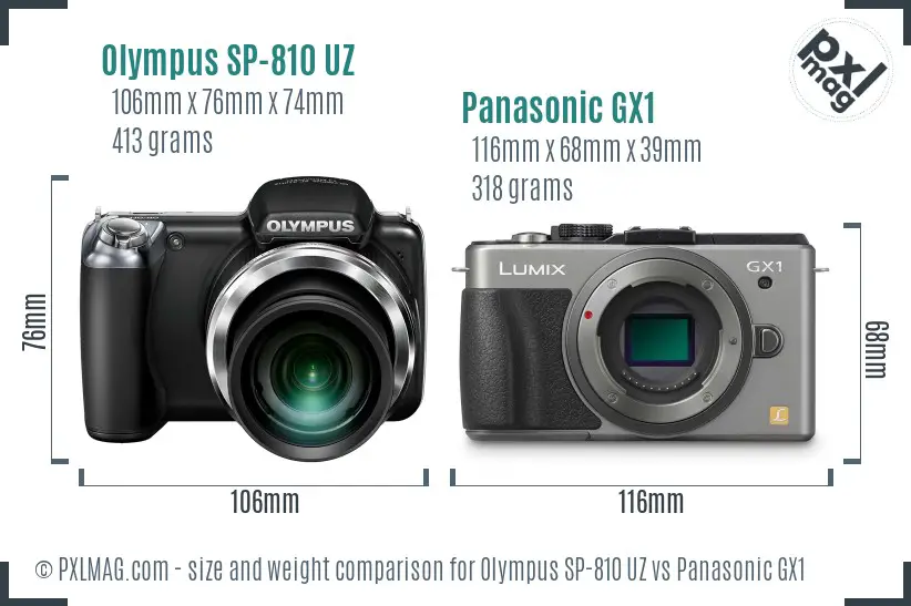 Olympus SP-810 UZ vs Panasonic GX1 size comparison