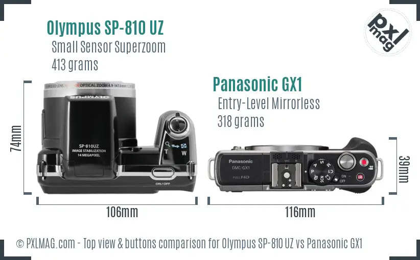 Olympus SP-810 UZ vs Panasonic GX1 top view buttons comparison