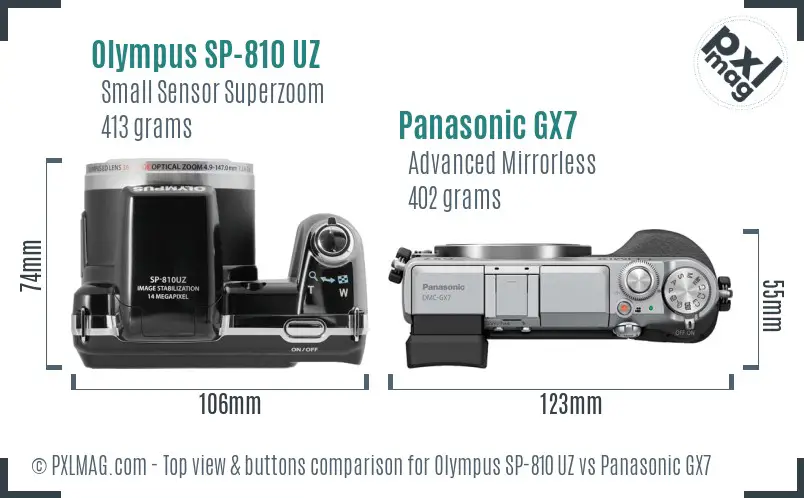 Olympus SP-810 UZ vs Panasonic GX7 top view buttons comparison
