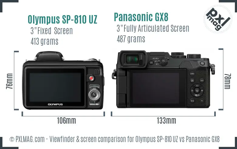 Olympus SP-810 UZ vs Panasonic GX8 Screen and Viewfinder comparison