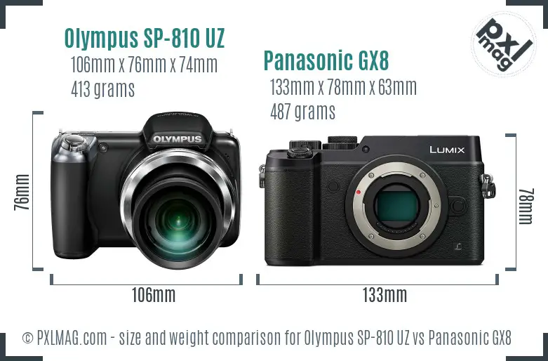 Olympus SP-810 UZ vs Panasonic GX8 size comparison