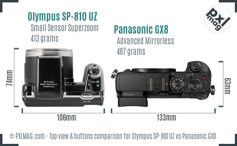 Olympus SP-810 UZ vs Panasonic GX8 top view buttons comparison