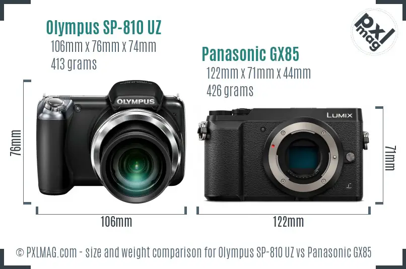 Olympus SP-810 UZ vs Panasonic GX85 size comparison