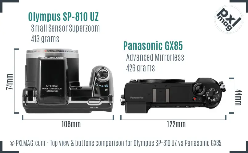 Olympus SP-810 UZ vs Panasonic GX85 top view buttons comparison