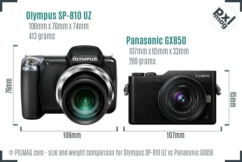 Olympus SP-810 UZ vs Panasonic GX850 size comparison