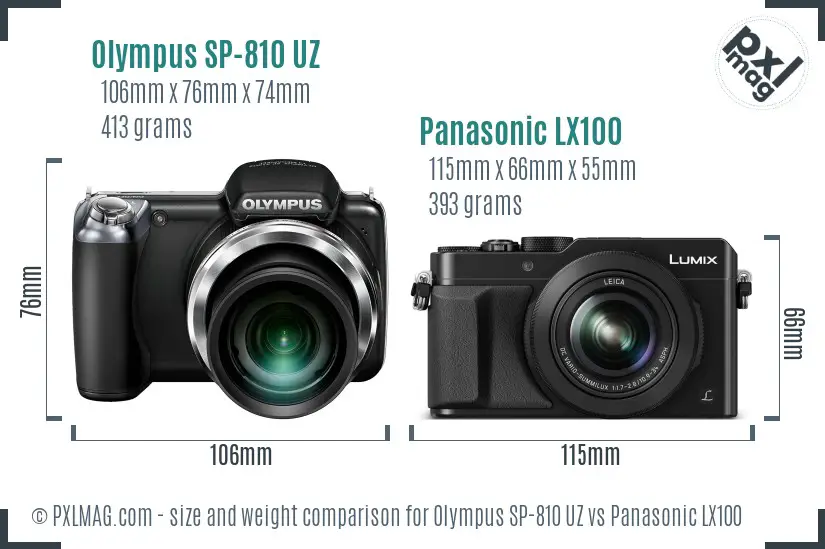 Olympus SP-810 UZ vs Panasonic LX100 size comparison