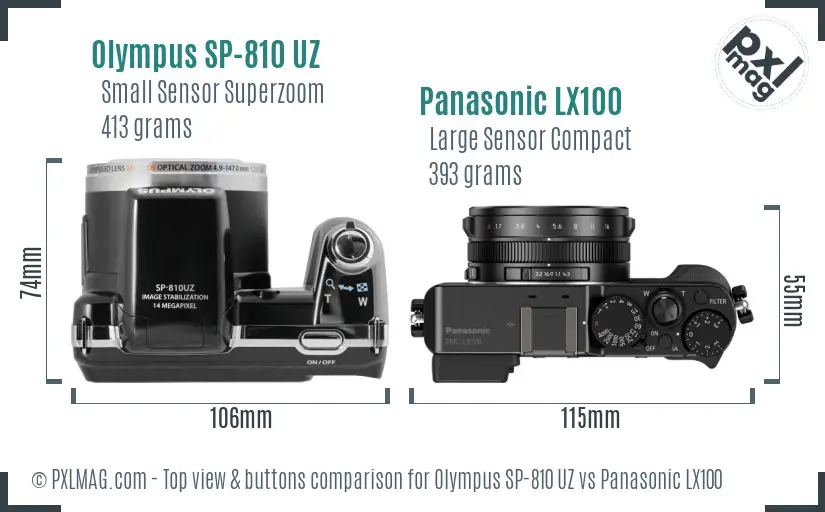 Olympus SP-810 UZ vs Panasonic LX100 top view buttons comparison