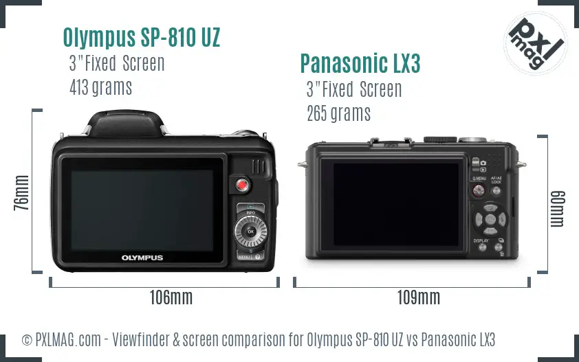Olympus SP-810 UZ vs Panasonic LX3 Screen and Viewfinder comparison