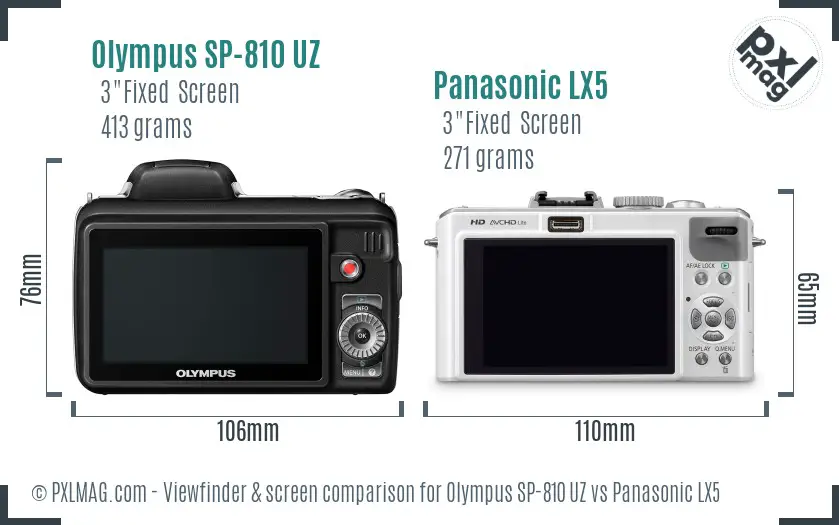 Olympus SP-810 UZ vs Panasonic LX5 Screen and Viewfinder comparison