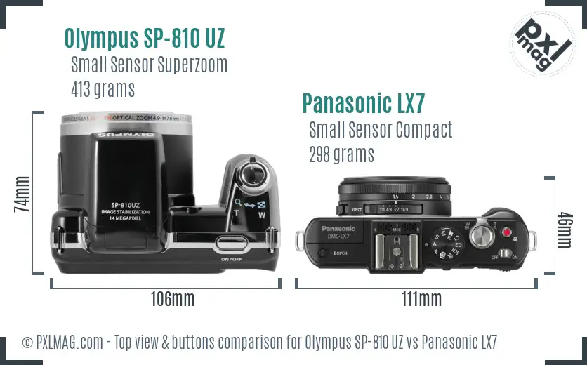 Olympus SP-810 UZ vs Panasonic LX7 top view buttons comparison