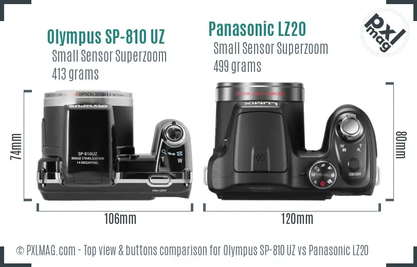 Olympus SP-810 UZ vs Panasonic LZ20 top view buttons comparison