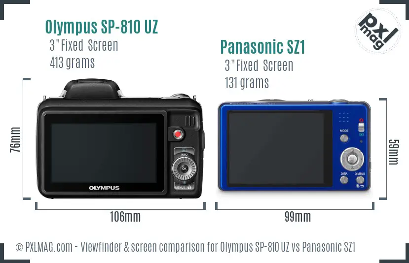 Olympus SP-810 UZ vs Panasonic SZ1 Screen and Viewfinder comparison