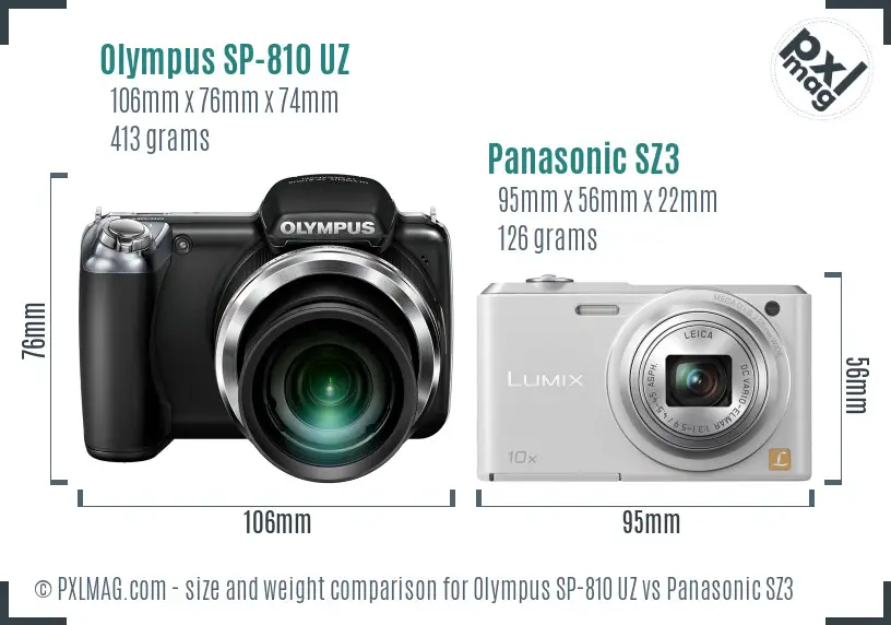 Olympus SP-810 UZ vs Panasonic SZ3 size comparison