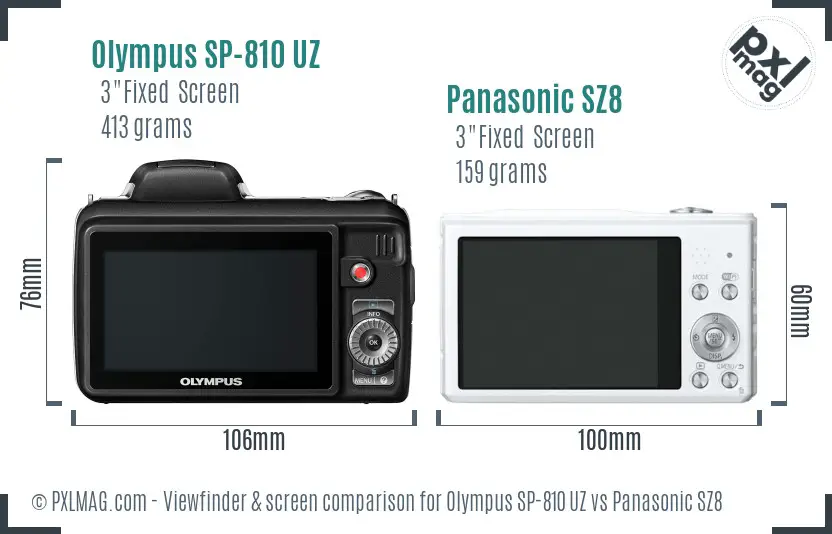 Olympus SP-810 UZ vs Panasonic SZ8 Screen and Viewfinder comparison