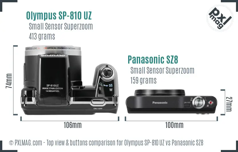 Olympus SP-810 UZ vs Panasonic SZ8 top view buttons comparison