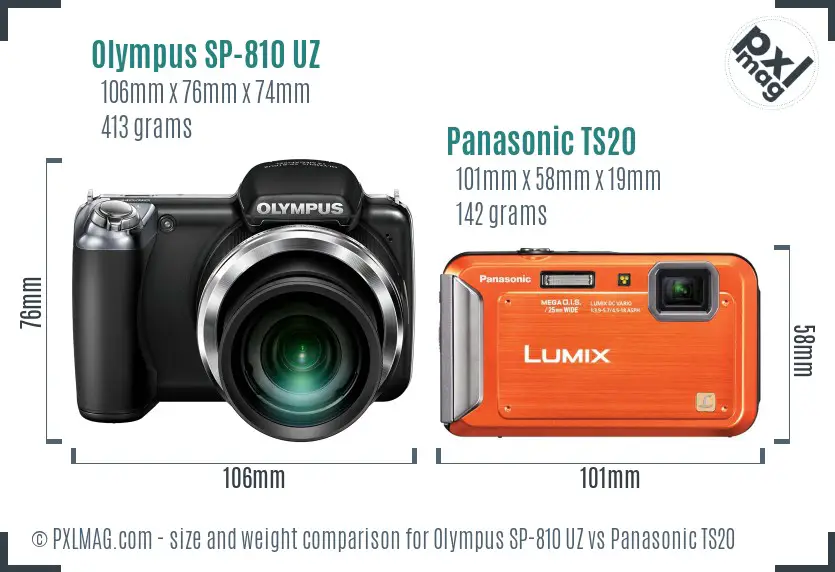 Olympus SP-810 UZ vs Panasonic TS20 size comparison