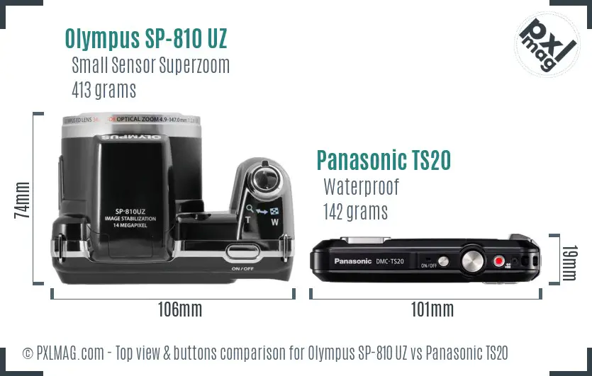 Olympus SP-810 UZ vs Panasonic TS20 top view buttons comparison