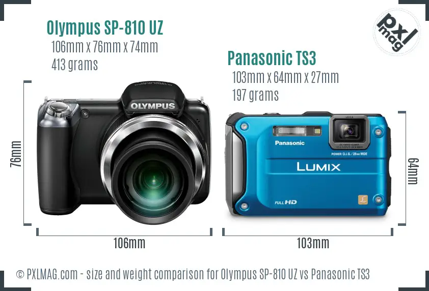 Olympus SP-810 UZ vs Panasonic TS3 size comparison