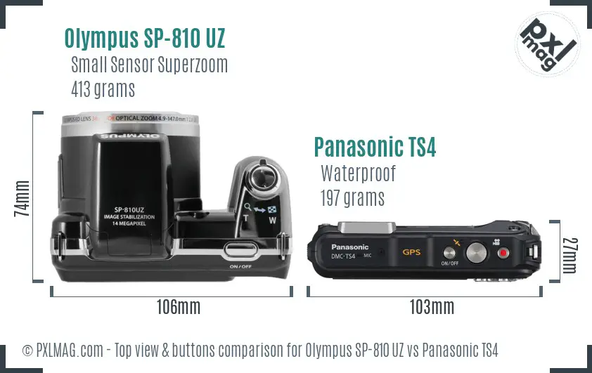 Olympus SP-810 UZ vs Panasonic TS4 top view buttons comparison