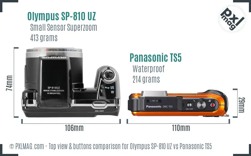 Olympus SP-810 UZ vs Panasonic TS5 top view buttons comparison