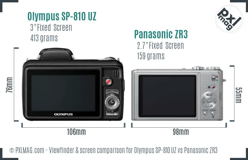 Olympus SP-810 UZ vs Panasonic ZR3 Screen and Viewfinder comparison