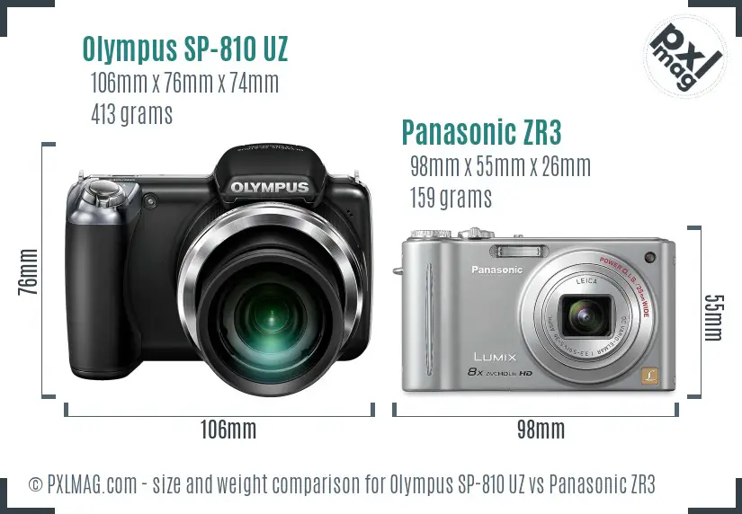 Olympus SP-810 UZ vs Panasonic ZR3 size comparison