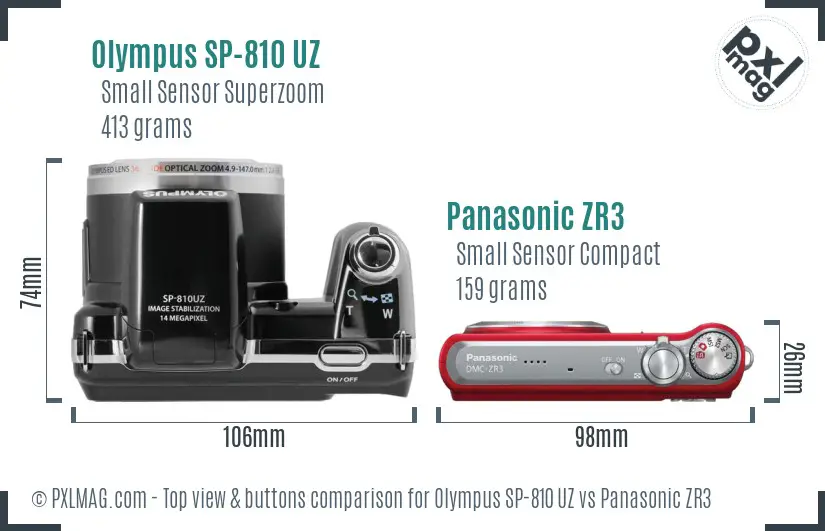 Olympus SP-810 UZ vs Panasonic ZR3 top view buttons comparison