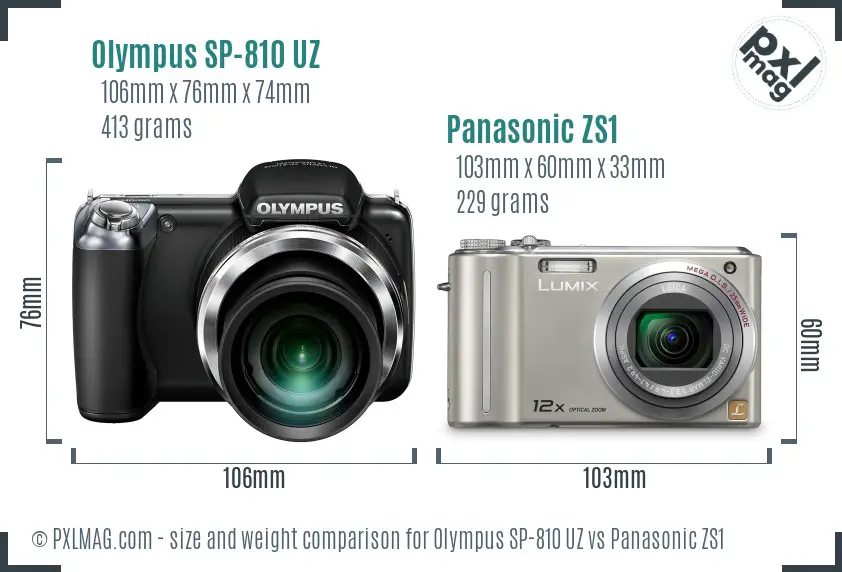 Olympus SP-810 UZ vs Panasonic ZS1 size comparison