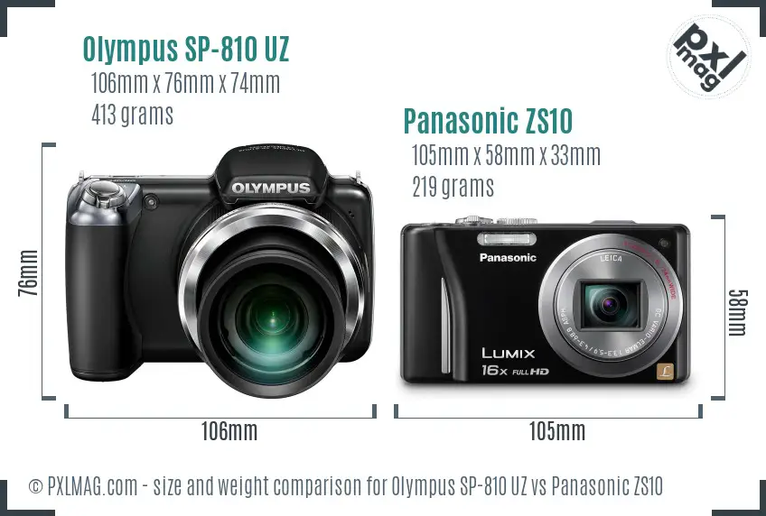 Olympus SP-810 UZ vs Panasonic ZS10 size comparison