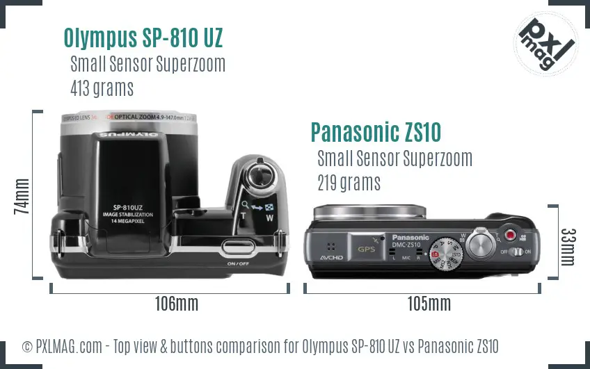 Olympus SP-810 UZ vs Panasonic ZS10 top view buttons comparison