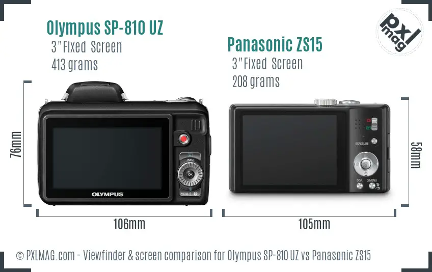 Olympus SP-810 UZ vs Panasonic ZS15 Screen and Viewfinder comparison