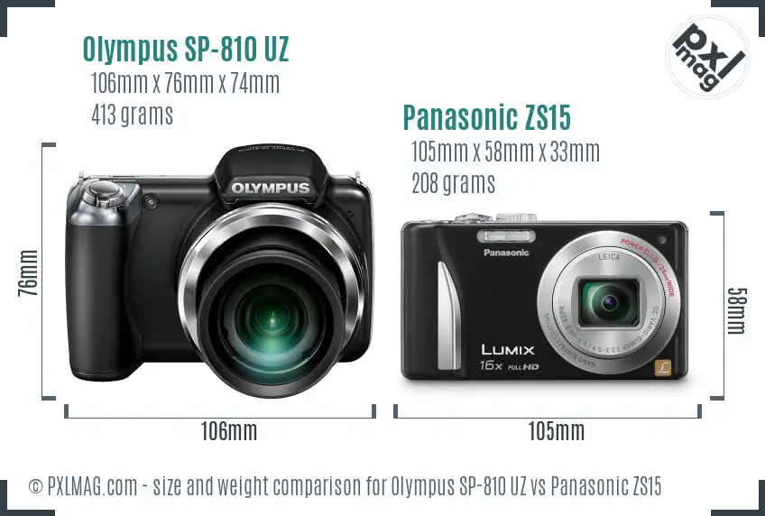 Olympus SP-810 UZ vs Panasonic ZS15 size comparison
