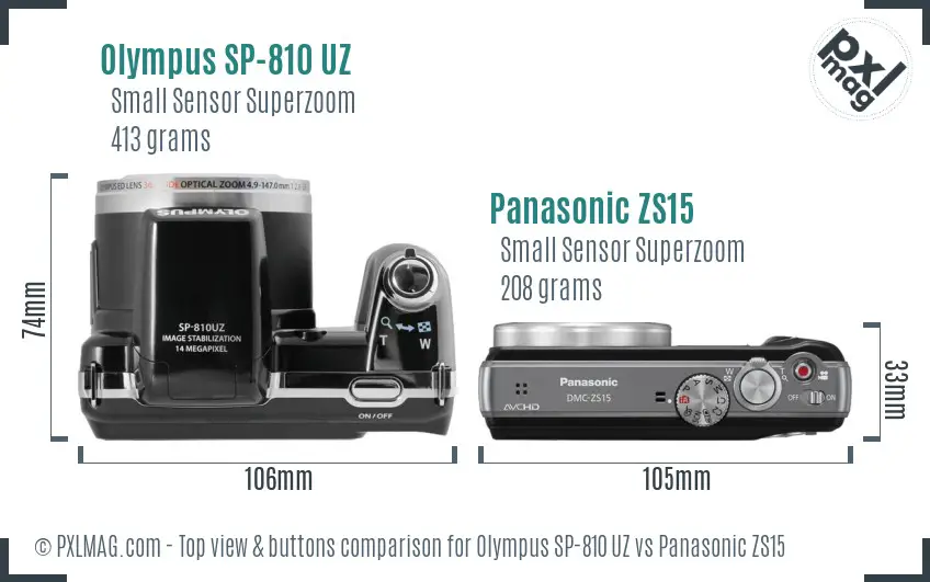Olympus SP-810 UZ vs Panasonic ZS15 top view buttons comparison