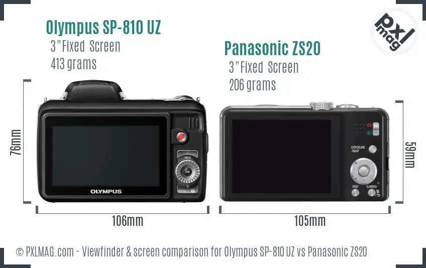Olympus SP-810 UZ vs Panasonic ZS20 Screen and Viewfinder comparison