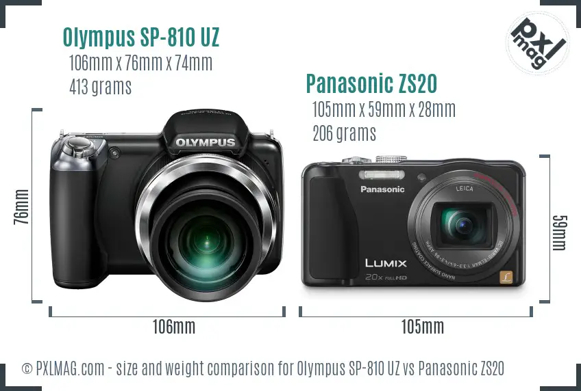 Olympus SP-810 UZ vs Panasonic ZS20 size comparison