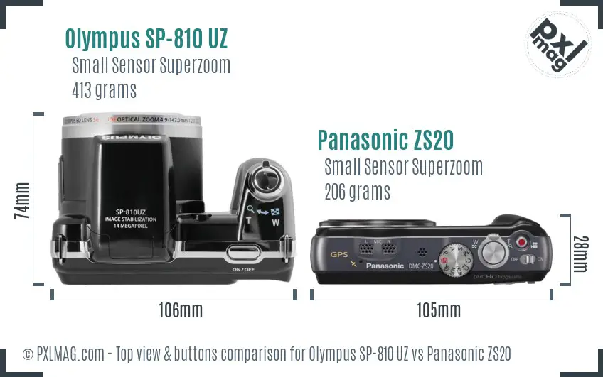 Olympus SP-810 UZ vs Panasonic ZS20 top view buttons comparison