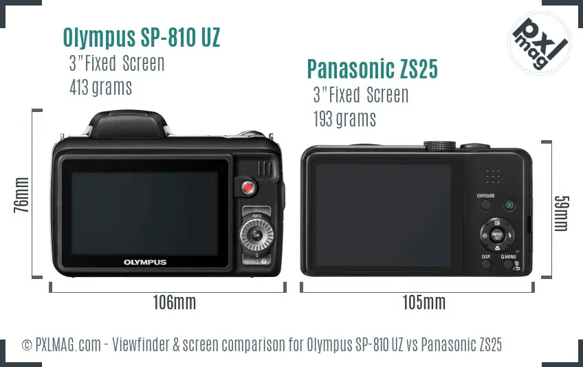 Olympus SP-810 UZ vs Panasonic ZS25 Screen and Viewfinder comparison