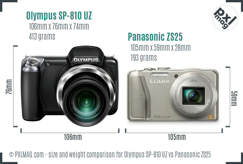Olympus SP-810 UZ vs Panasonic ZS25 size comparison