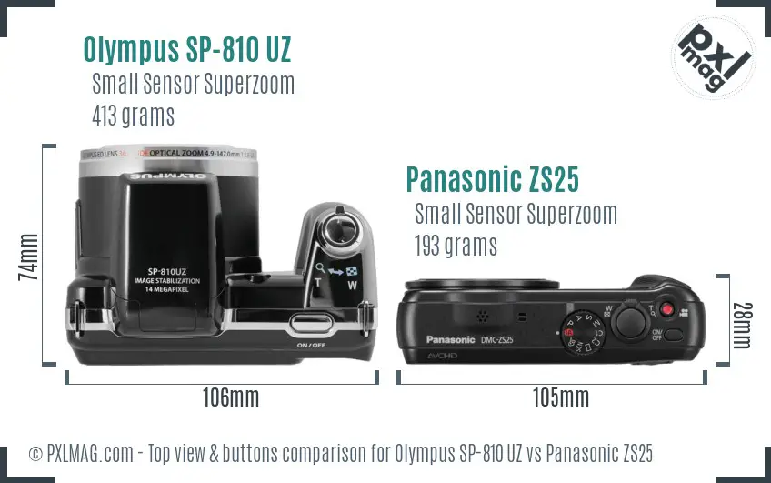 Olympus SP-810 UZ vs Panasonic ZS25 top view buttons comparison