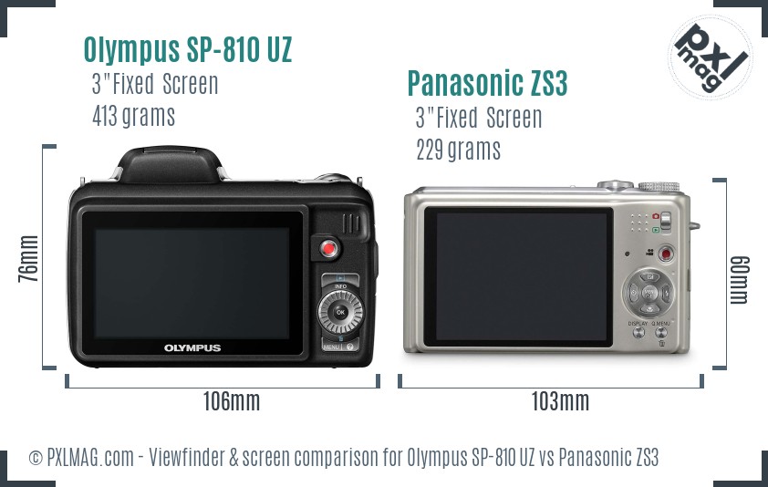 Olympus SP-810 UZ vs Panasonic ZS3 Screen and Viewfinder comparison