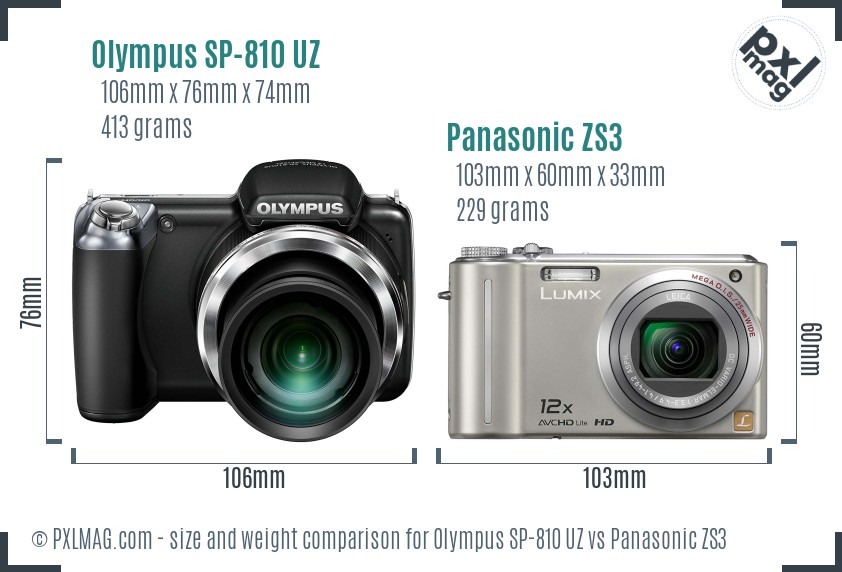 Olympus SP-810 UZ vs Panasonic ZS3 size comparison