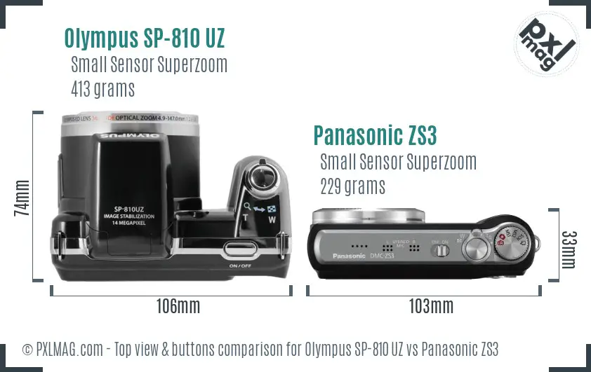 Olympus SP-810 UZ vs Panasonic ZS3 top view buttons comparison