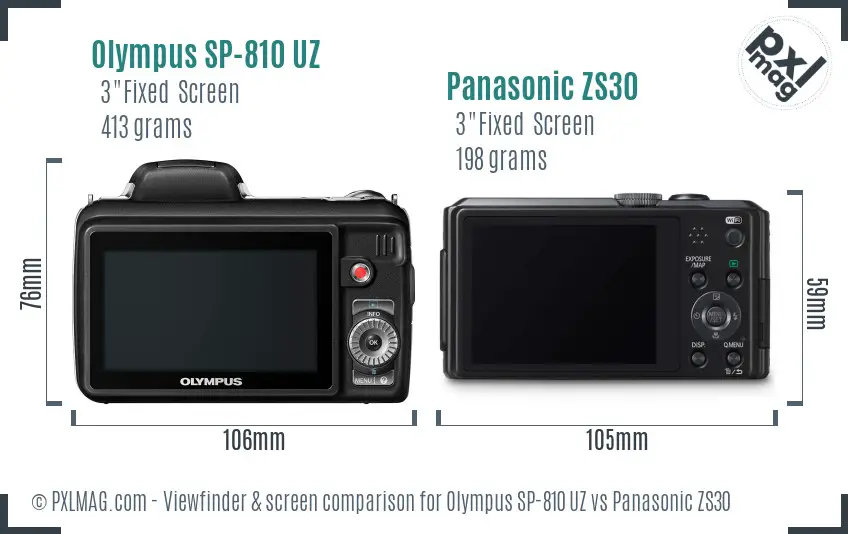 Olympus SP-810 UZ vs Panasonic ZS30 Screen and Viewfinder comparison