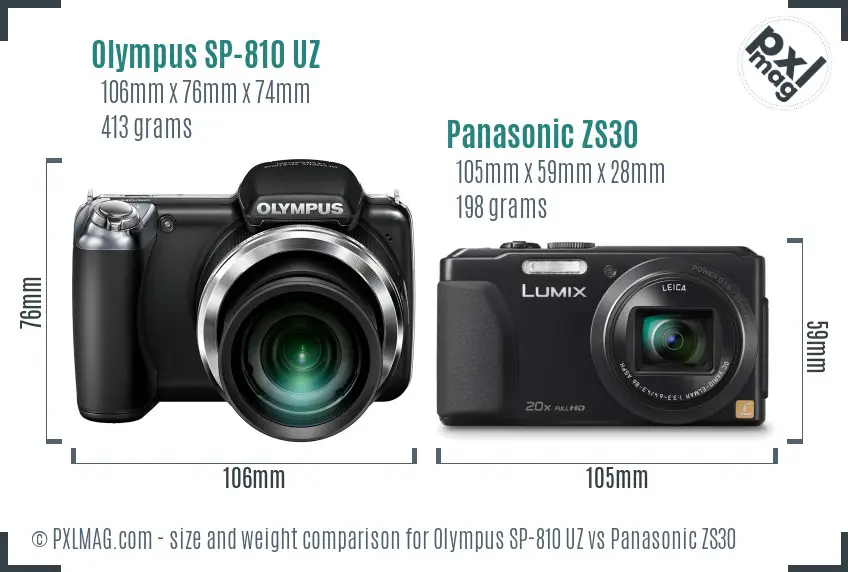 Olympus SP-810 UZ vs Panasonic ZS30 size comparison