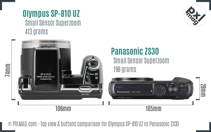 Olympus SP-810 UZ vs Panasonic ZS30 top view buttons comparison