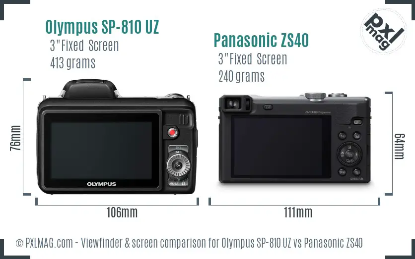 Olympus SP-810 UZ vs Panasonic ZS40 Screen and Viewfinder comparison
