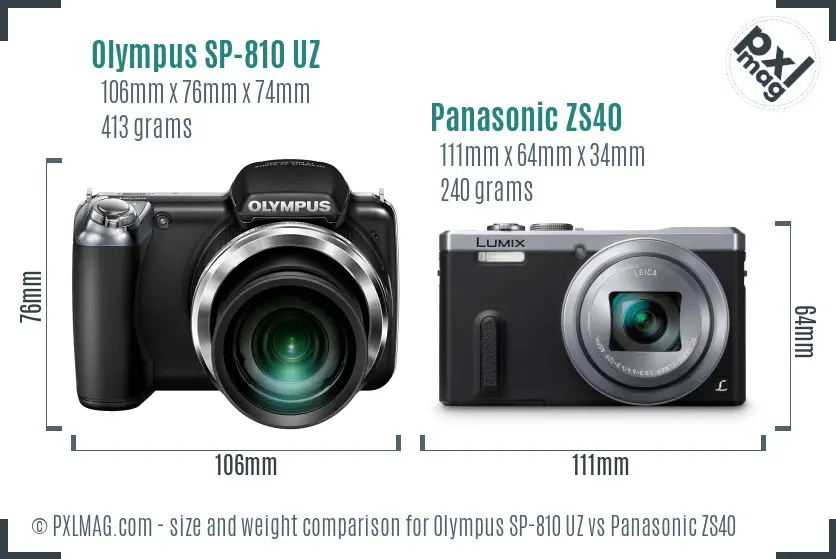 Olympus SP-810 UZ vs Panasonic ZS40 size comparison