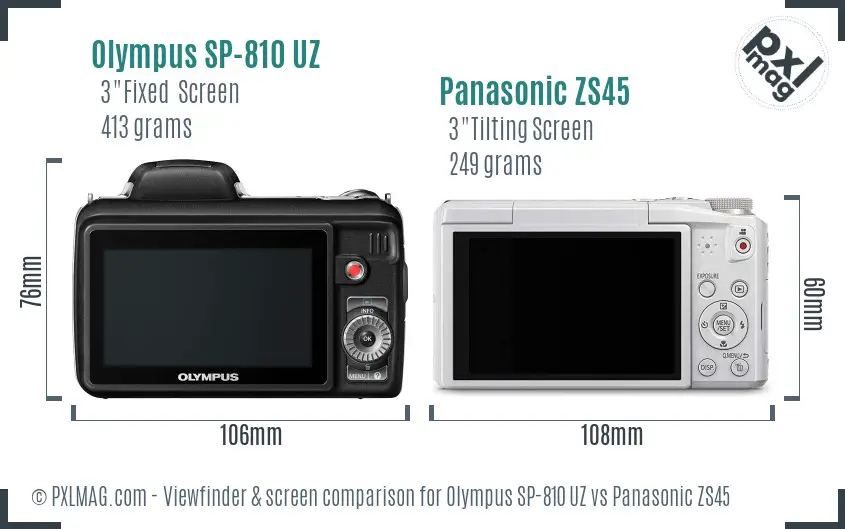 Olympus SP-810 UZ vs Panasonic ZS45 Screen and Viewfinder comparison