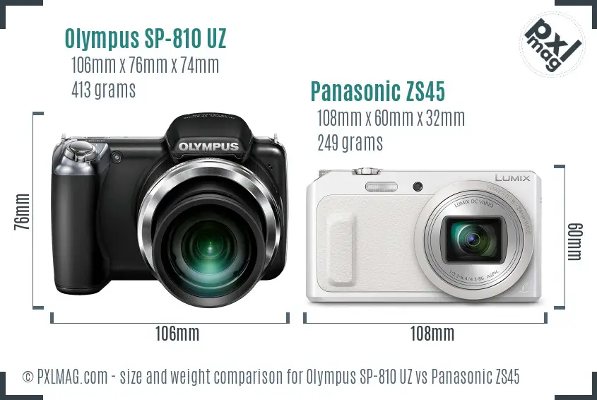 Olympus SP-810 UZ vs Panasonic ZS45 size comparison